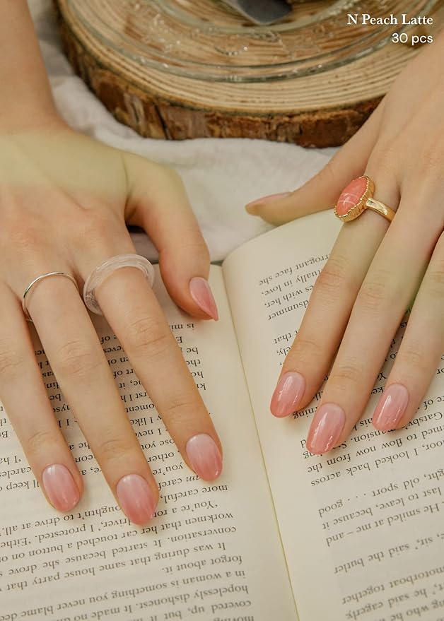 ohora Semi Cured Gel Nail Strips (N Peach Latte) - Pink, Jelly, Works with Any UV/LED Lamps, Salon-Quality, Long Lasting, Easy to Apply & Remove - Includes 2 Prep Pads, Nail File & Wooden Stick
