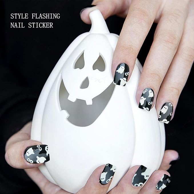 JMEOWIO Gel Nail Stickers Halloween Cute Ghost Semi Cured Gel Nail Strips Wraps UV/LED Nails Art Design Decoration Accessories