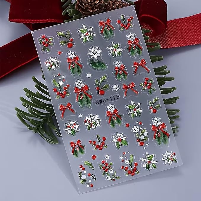 6Pcs Christmas Nail Art Stickers 3D Embossed Christmas Holly Bow Nail Decals Self Adhesive Winter Nail Supplies Xmas Design Snowflake Nail Stickers for Women New Year DIY Manicure Art Accessories