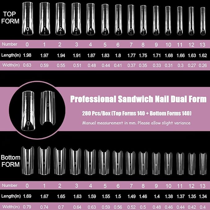 280 Pcs Original Sandwich Nails Dual Form with Guide Lines Long Square Nail Mold for Builder Gel Nail Extensions Art Design Salon DIY at Home
