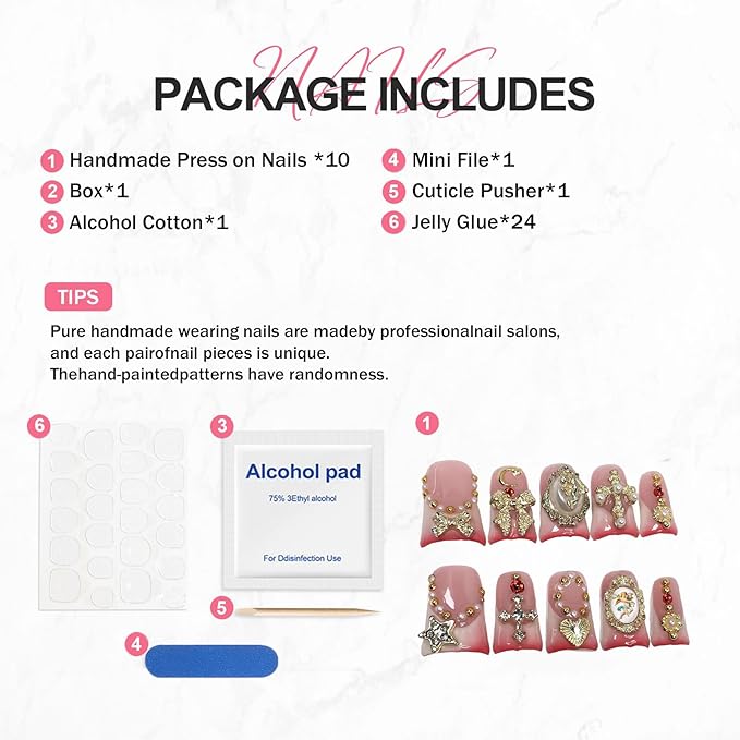 Handmade Press on Nails Short Duckbill False Nails Pink Gradient French Tips Stick on Nail with Rhinestones & 3D Bow Designs Muti-Layer Gel Artificial Acrylic Nails for Women（Size S)