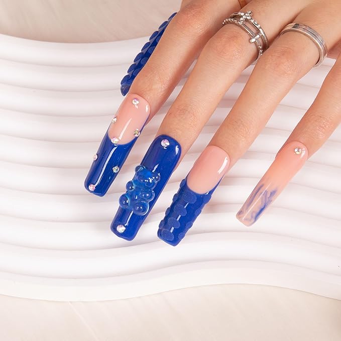 LOVFUL Press on Nails Little Blue Bear| Handmade with Full Covered Crystals| Reusable Fake Nails| Square Mid length 1.7in| H132-S