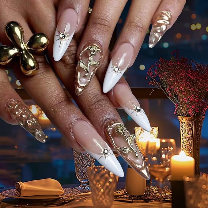 240 PCS Gold Nail Charms with 24 Types Elements Heat Cherry Star Bow Butterfly Rose Dollar Sign Coin Gun Cross for Nail Art Decoration Jewelry