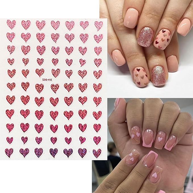 12 Sheets Valentine's Day Nail Art Stickers Decals Heart Nail Stickers Valentines Red Love Design 3D Self-Adhesive Nail Decals Colorful Manicure Supplies for Holiday Nail Art Decorations