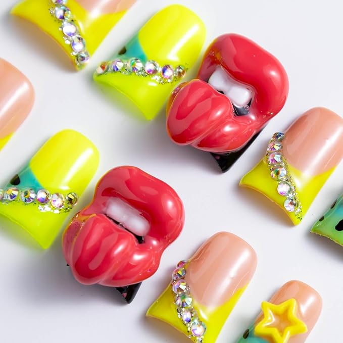 10 Pieces Luxury Acrylic Press On Nails Short Handmade Duck Nails, Thickened False French Nails, Rhinestones, Yellow Star And 3D Red Lips, Reusable Fake Nails, Acrylic Nails (S)