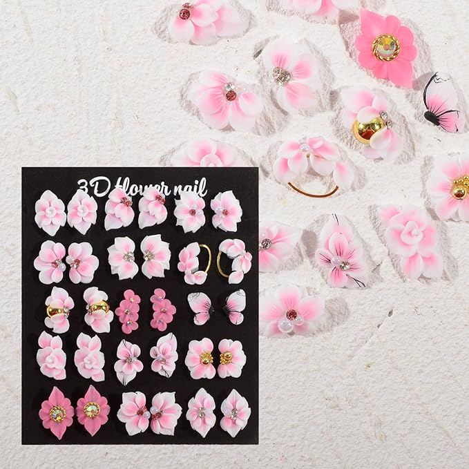 30PCS 3D Handmade Flower Nail Art Charms Advanced Handcrafted Cherry Blossom Flower Colorful Sculpted Floral Nails with Rhinestone Caviar Beads Design for Women Profession Nail Art Craft Jewelry