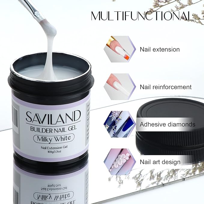 SAVILAND LED & U V Builder Nail Gel - 3.53 oz White Nail Extension for Professional Salon Gel Builder for Nails Hard Gel for DIY Nail Art Supplies Manicure Set, Gift for Women Ladies Girls