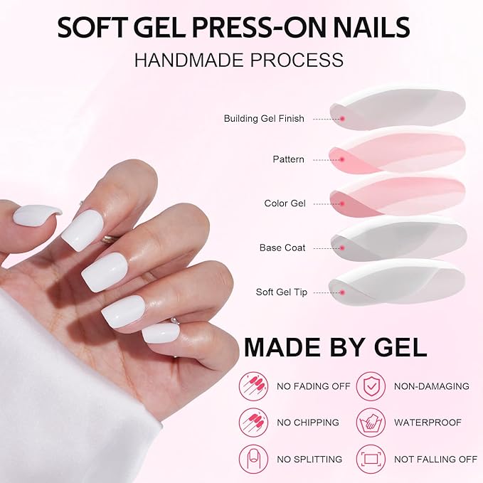 Press On Nails - Findigit Short Square White False Stick Glue On Nails, Reusable Stick On Fake Nails with Glue Salon Quality 16 Sizes - 32 Nail Kits, White Swan