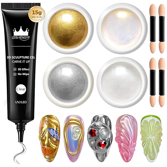 3D Nail Gel and Chrome Nail Powder: 15g No Wipe Clear 3D Sculpting Gel for Nail Non-Sticky Hand Hard Gel Carving Gel with Rose Gold White Pearl Chrome Powder for Nail Art Decoration Home DIY