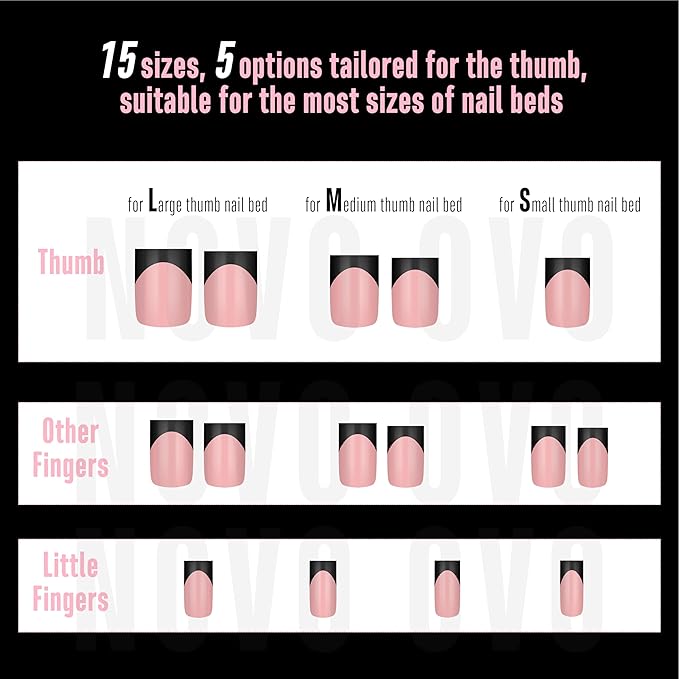 NOVO OVO Short Sharp Square Black French Tip Nail Tips Press on BABY PINK, Extra Thick NEED Nail Glue Builder Gel Top Coat, Soft Gel Full Cover Fake Flase Nail Extension for DIY x 15 Sizes 240 pcs