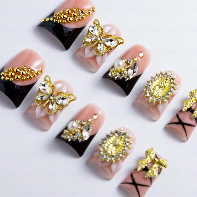10 Pieces Luxury Acrylic Press On Nails Short Handmade Duck Nails, Pink And Black Thickened False French Nails, Golden Butterflies And Bows, Reusable Fake Nails, Acrylic Nails (L)