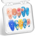 Summer Press on Nails Medium Almond Flower Fake Nails Muti-Layer Gel False Nail with 3D Jellyfish Starfish Design Glitter Handmade Press on Nails Stars Pearl Embossed Acrylic Nail for Women (Size M)
