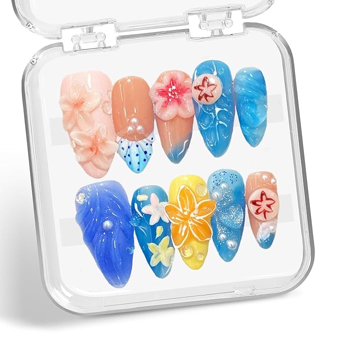 Summer Press on Nails Medium Almond Flower Fake Nails Muti-Layer Gel False Nail with 3D Jellyfish Starfish Design Glitter Handmade Press on Nails Stars Pearl Embossed Acrylic Nail for Women (Size M)