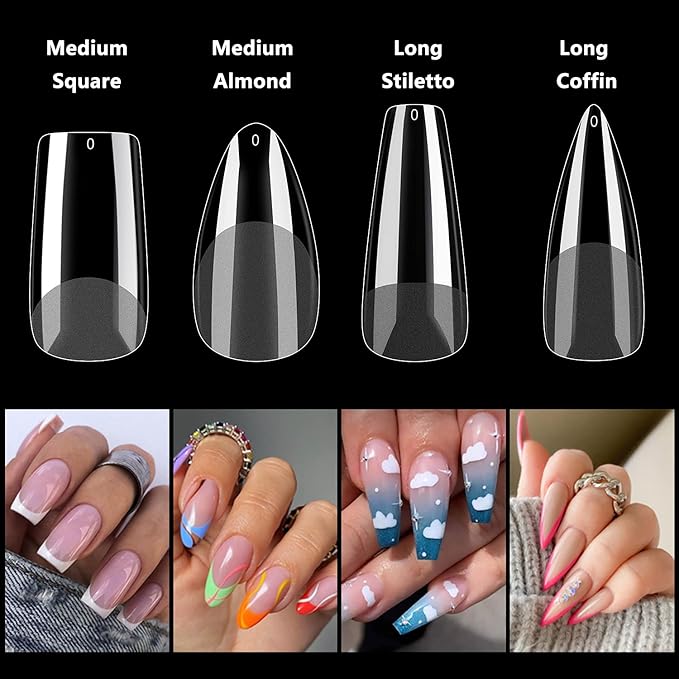 Medium Square Gel Nail Tips Extension, 240PCS Clear Soft Gel Full Cover Nail Tips, M Square Press On False Nail Tips for Salons, and DIY Nail Art at Home (12 Sizes)