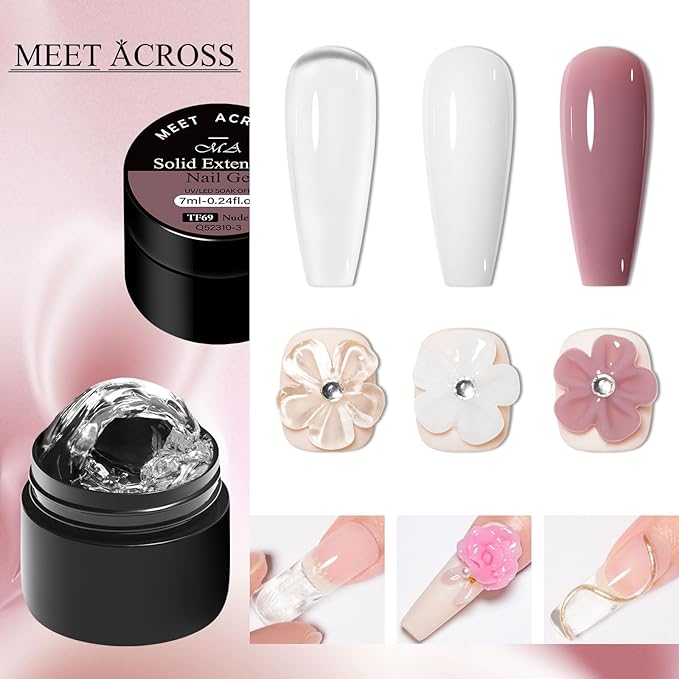MEET ACROSS Solid Builder Nail Gel 3D Nail Gels Sculpting Gel for Art Non-Sticky Hand Extension Clear White Dirty Pink with Nail Pen Gift for Women