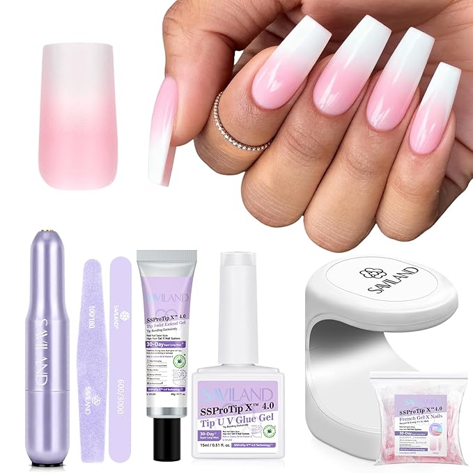 SAVILAND Gel Nail X Kit: 4X Soft Tips with Drill, 256 Ombre Full Cover Nails Tips, Castor Oil Glue, LED Lamp & Portable Drill for Home Manicure
