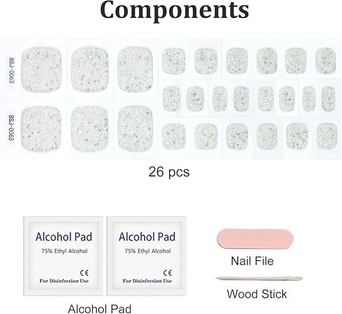 26 Pcs Semi Cured Gel Toe Nail Strips Silver Glitter Gel Nail Stickers Full Cover Clear Nails Wraps Self Adhesive Toe Nails Polish Strips Stickers for Women UV/LED Light Required