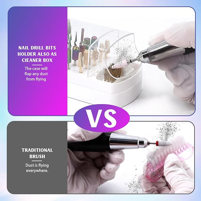 2 Pcs 2 In 1 Nail Drill Bit Holder, 30 Holes Case Tech Bits Cleaning Brush Organizer Professional Nail Tools Dustproof Stand Displayer Storage Box (Pink+White)