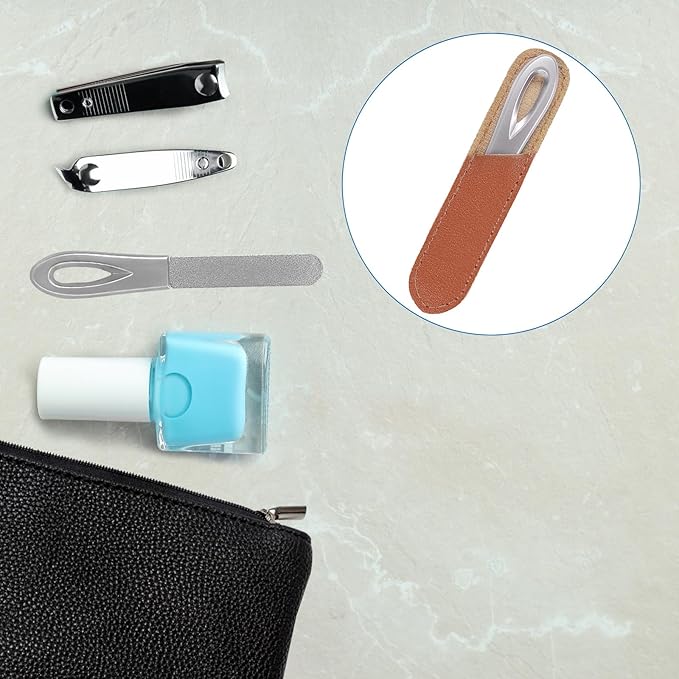 Metal Nail File with Case, 2 Pack Nail Files for Natural Nails, Fingernail Files Diamond Round Tip Stainless Steel Double Sided Fine Grit Sapphire Filer with Sheath Leather Cases Travel Silver Brown