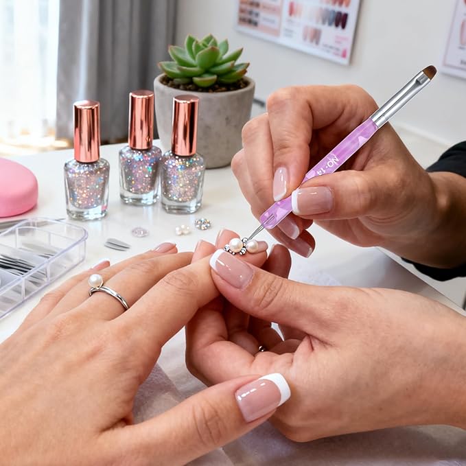 4 Pcs Nail Clean Up Brush French Gel Acrylic Nail Art Brushes Two Way French Tip Brush with Dotting Professional Manicure Tool for Cuticle Clean up Detailed Designs Dotting Pen (10#, 12#, 14#, 16#)