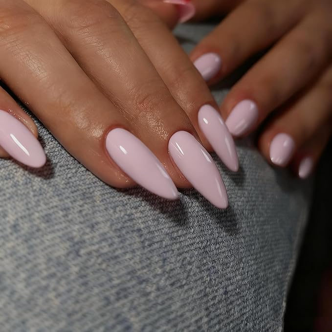 Dusty Pink Press on Nails - Almond Shape Medium Length Neutral Acrylic Reusable Fake Nails for Women Girls - Glue on Stiletto False Soft Gel Artificial Nails
