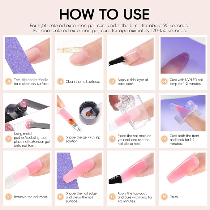 PEACECOLOR 24Pcs Poly Nail Gel Kit with U V light 6 Colors Clear Pink Nude Poly Nail Extension Gel with Glossy/Matte Top Coat Nail Rhinestones Starter Kit DIY Home Gifts for Women