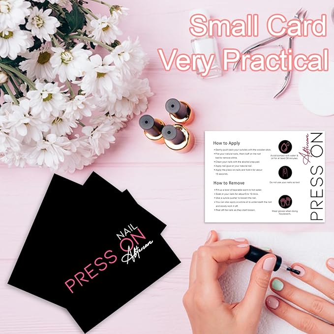 50 Pack Bebbtiy Press on Nail Instructions Cards, Application Guides, Aftercare Manicure Usage Business Supplies Card (Black-2)