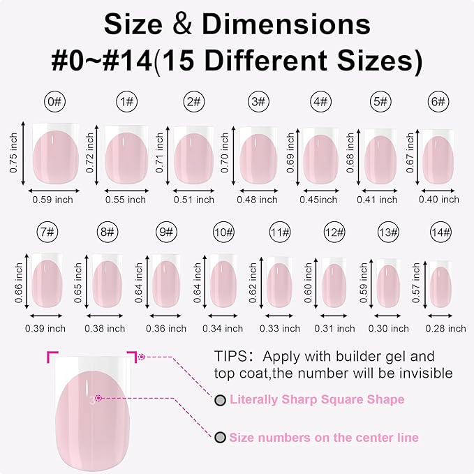 300Pcs Sharp Square French Tip Press On Nails-Anyos Gel Nail Tips Short,No File Need Tips Pre-Designed,Fake Nails for Nail Art DIY 15Sizes(Pink)
