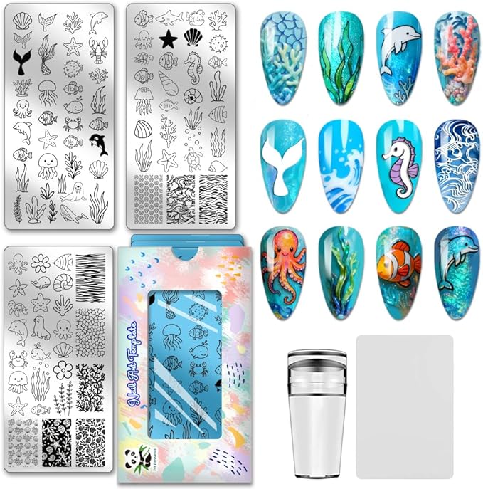 PH PandaHall 3pcs Marine Life Nail Stamping Plate, Ocean Beach Nail Art Templates Mermaid Octopus Sea Grass Stainless Steel Image Plate Art Stencils with Tools for DIY Print Manicures Salon Design