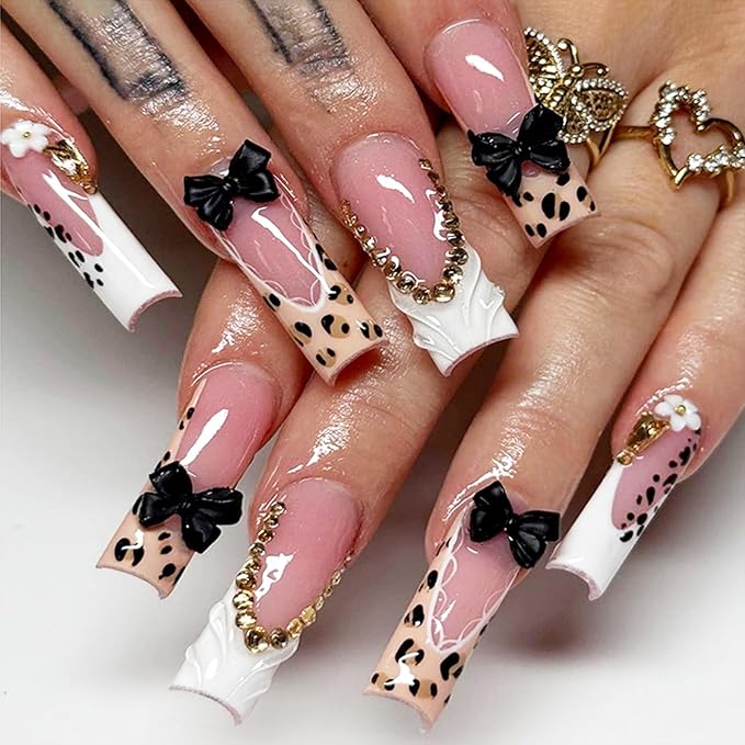 Long Square Press on Nails Leopard Print Brown Fake Nails 3D White French Black Bow False Nails Party Artificial Stick on Nails for Women 24pcs