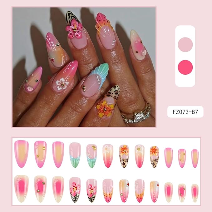 Medium Press on Nails Almond Fake Nails Pink False Nails French Artificial Nails with Pearl Designs Beach Handmade Nails Cute Stick on Nails for Women 24pcs