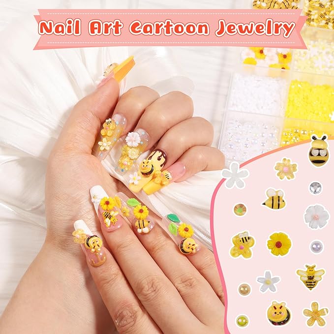 1200PCS Bee Flower Nail Charms Kit, 3D Daisy & Sunflower Resin Charms, Acrylic Bees, Half Pearls Rhinestones for Nail Art, DIY Crafts with Tweezers