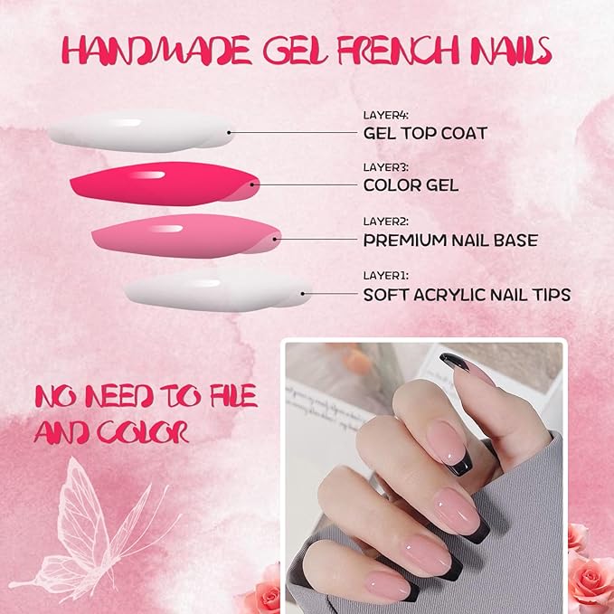 AddFavor French Tip Press on Nails Square Fake Nails, 120pcs Black French Tips Nails Medium Glossy Nude Nails Press on Artificial False Nail Square Stick on Nails with Adhesive Tab for Women Girls
