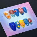 100% Handmade Press on Nails Medium Almond Handmade Nails with Yellow Flower Design Glossy Blue Fake Nails Pearl Rhinestones Nail Press ons Reusable Spring Summer Acrylic Nail for Women Size M 10Pcs