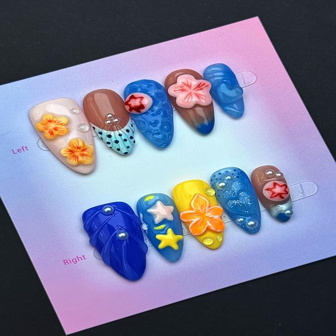 100% Handmade Press on Nails Medium Almond Handmade Nails with Yellow Flower Design Glossy Blue Fake Nails Pearl Rhinestones Nail Press ons Reusable Spring Summer Acrylic Nail for Women Size M 10Pcs
