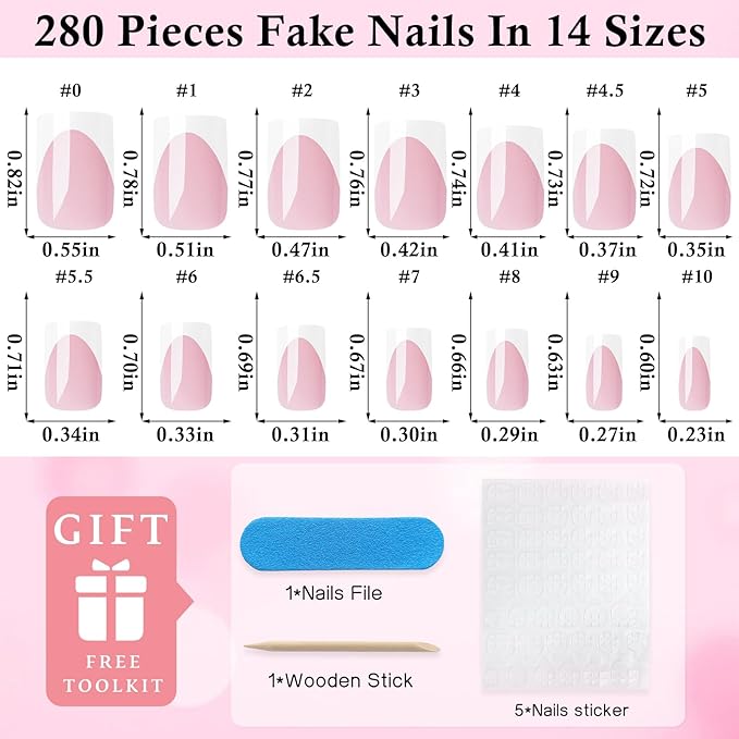 280pc French Tips Press on Nails Medium Square Fake Nail with Glue Tabs, French Tips Glue on Nails Press on Nail Square Acrylic Nails Medium Artificial Fingernails Women Girls Pink False Nails