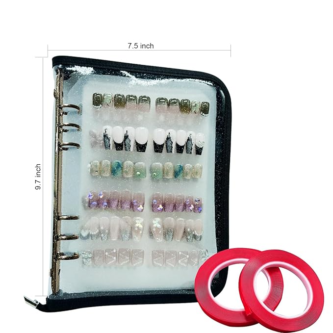 A5 Zipper Press On Nail Organizer - Empty Nail Storage Box for Fake Nails, Nail Display, Includes 6pcs Nail Tapes - Durable Nail Packaging for Fake Nail Storage & Organization