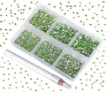 Bymitel 7200 Pieces 6 Mixed Sizes Glue Fix on Glass Rhinestones Round Crystal Gems Flatback for DIY Jewelry Making with one Picking Pen(6-Sizes 7200PCS, Peridot)