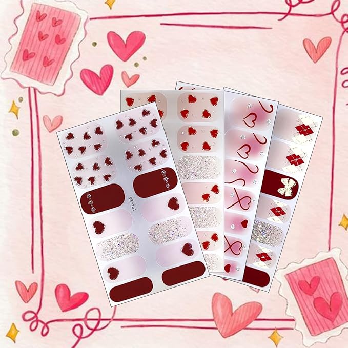 4Sheets Valentines Day Gel Nail Stickers Romantic Love Heart Nail Polish Strips Glitter Gel Nail Wraps Self Adhesive Cute Bow Nail Polish Stickers French Heart Full Wrap Nail Decals for Women Manicure