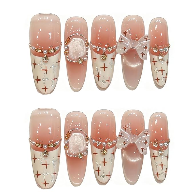 Handmade Press on Nails Stiletto French Style with Cat Eye Gradient in Oil White Adorned by a Decorative Bow and Diamonds Handmade Stiletto Press on Nails 3D Luxury Press on Nails（L）