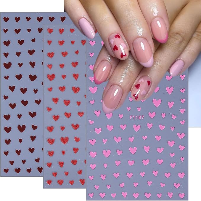 6 Sheets Valentines Nail Stickers for Nail Art 3D Self-Adhesive Red Pink Mini Heart Nail Art Stickers Romantic Love Hearts Nails Designs Supplies for Women Valentine Holiday Nails Decorations