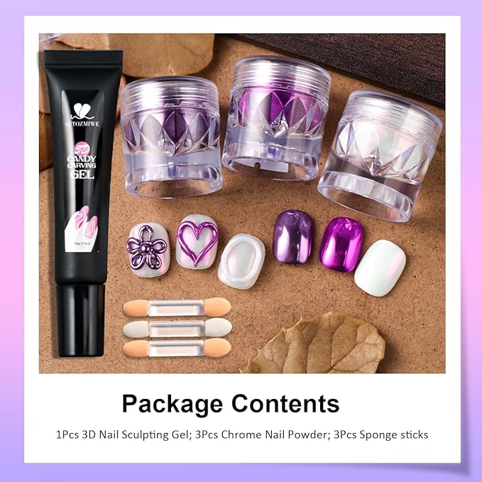 3D Nail Gel and Chrome Nail Powder Kit: 10g Sculpting Gel for Nail Art Metallic Mirror Effect Pigment Aurora Pearl Chrome Powder for Home DIY Salon Use (Purple)