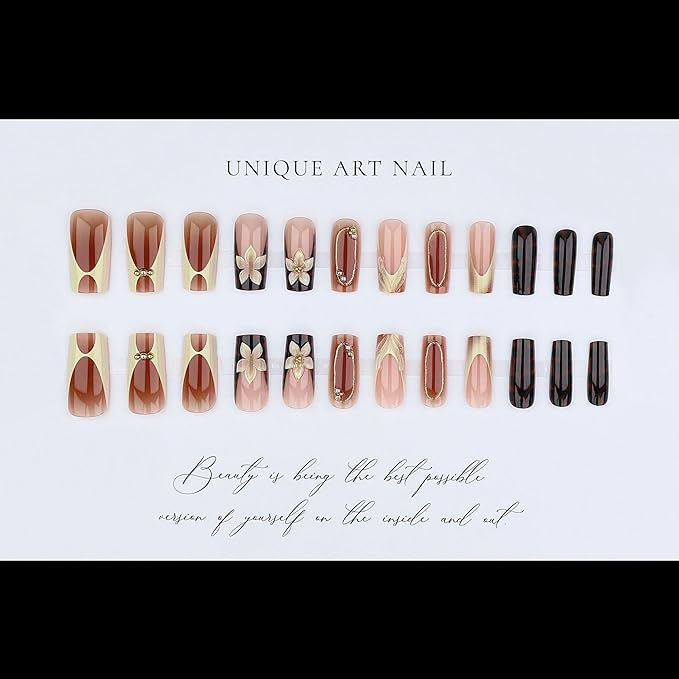 Square Press on Nails Long Fake Nails Brown Artificial Nail Seeneey Flowers and Gold Charm Designs Leopard Stick on Nail for Women 24pcs