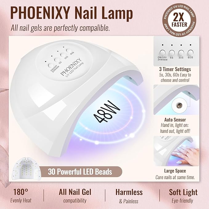 phoenixy Gel Nail Polish Kit with U V Light, 64 Pcs Gel Polish Nail Set 45 Colors All Seasons Nail Polish Set with Base and 4 Effects Top Coat Manicure Tools Complete Gel Nail Kit Gift for Women