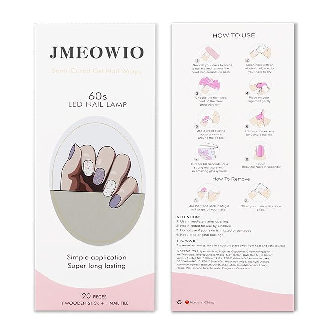 JMEOWIO Gel Nail Stickers White Purple Flower Semi Cured Gel Nail Strips Wraps UV/LED Nails Art Design Decoration Accessories