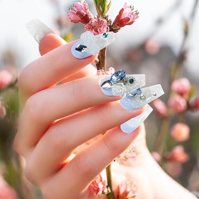Fake Nails Set Blue Long Square Bling Glossy 3D Flower Rhinestone False Nail Tips, Press On Nails, Artificial Art Nails Finger Manicure for Women and Girls(CDJ0001-S)