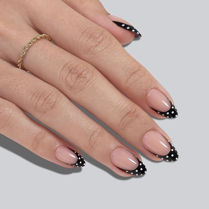 Black French Tip Press on Nails Short - SHANGMENG Soft Gel Almond Press on Nails for Women, Seamless Fit Glue on Nails in 16 Sizes - 32 Reusable Fake Nails Kit with Glue, Polka Dots