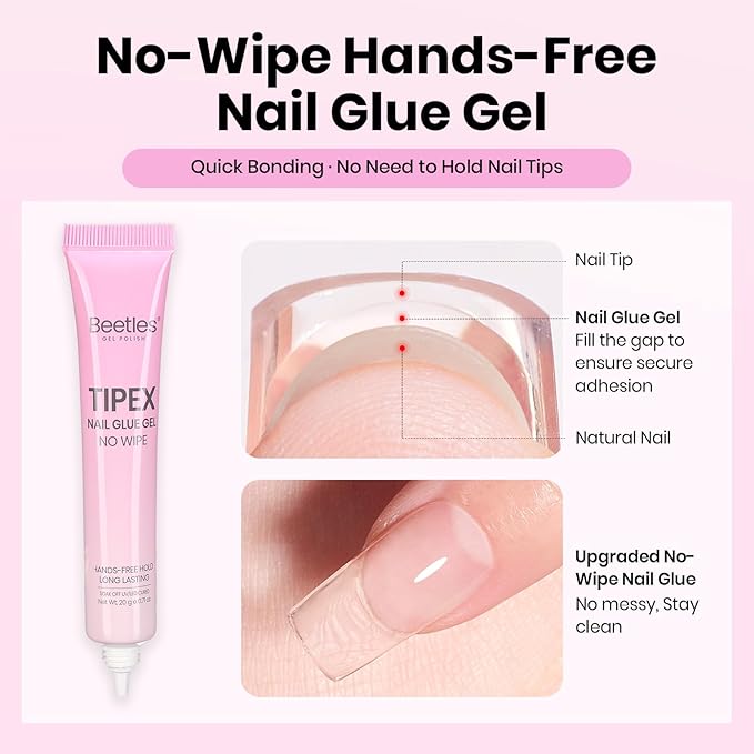 Beetles Tipex Lite Nail Tips Kit with Dehydrator & Primer, Short Square Full Cover Clear Nails 256PCS 16 Sizes, Mini UV Lamp, 20g Solid Nail Glue, Base & Top Coat, All-in-One Nail Starter Kit
