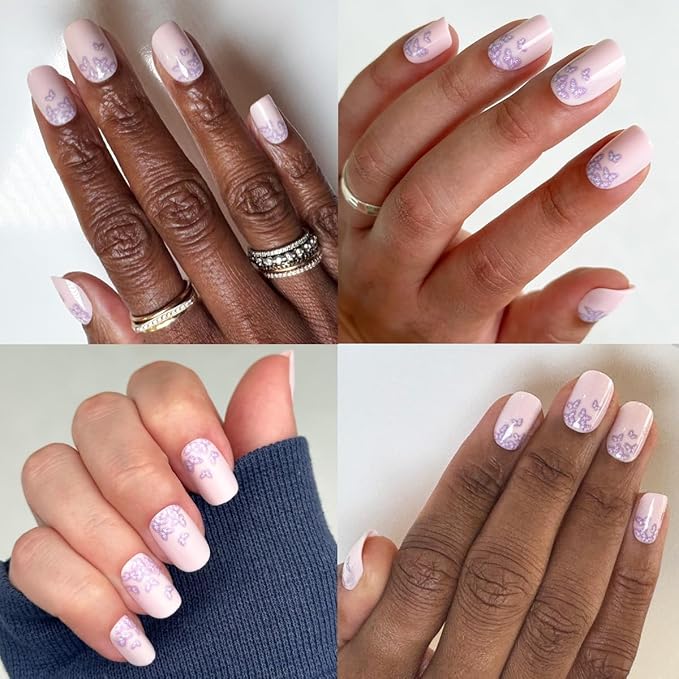 Olive & June Instant Mani Press-On Nails (Glue) | 42 Fake Nails, 21 Sizes | Non-Toxic, Long-Lasting Recycled Materials Realistic Look | Spring Flowers & Patterns | Short, Squoval | Butterfly Ombre