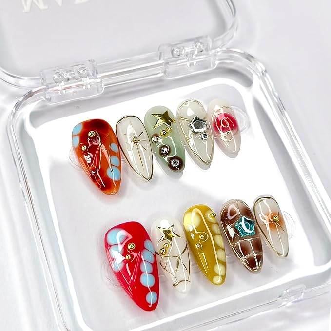 Luxury Press on Nails Medium Almond Handmade 3D Unique Reusable ABS Material Fake Nails Y2K Silver Curve Line False Nails with Designs Stars Art Glossy Glue on Nails Thick Acrylic Nails(S)